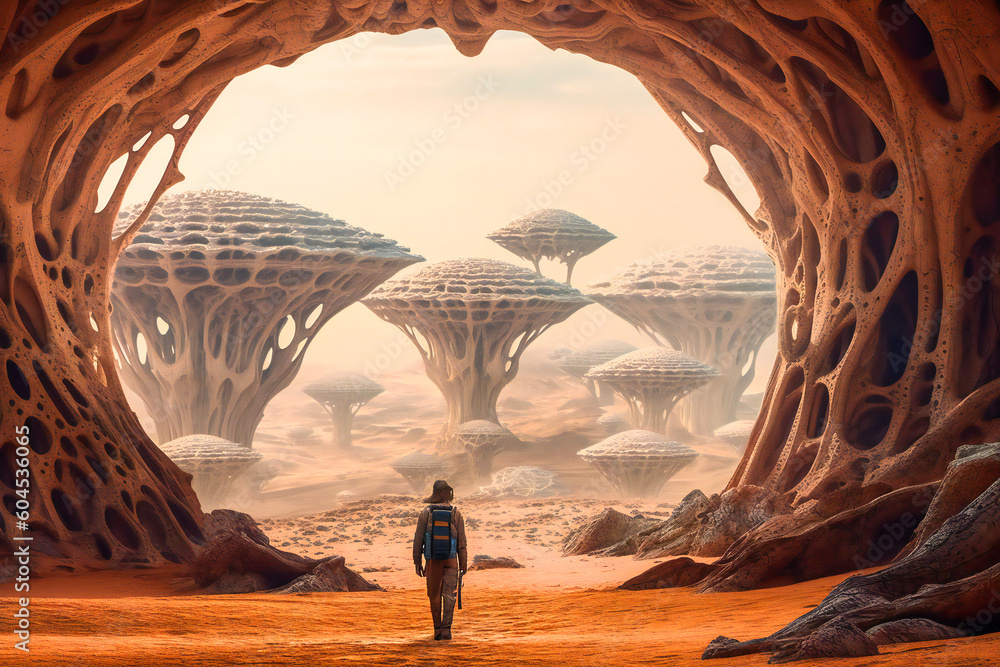 Aufkleber weird alien structures on an alien planet. created with generative ai technology.