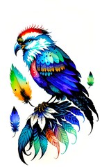 Colorful fictitious bird on a clump of feathers. Bright multi-colored watercolor painting isolated on a white background. Generative AI.