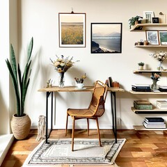 Empty wooden picture frame mockup hanging on beige wall background. Boho-shaped vase, dry flowers on table. Cup of coffee, old books. Working space, home office. Art, poster display. Modern interior.