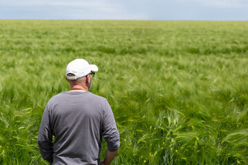 Mann steht vor einem Weizenfeld mit dem Rücken zur Kamera blickt zum Horizont.