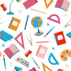 Pattern seamless stationery.  Set, a collection of accessories for study and office work. School supplies. Drawing, learning. Vector background. 
