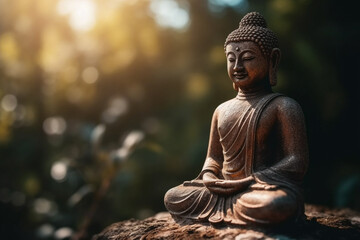 Buddha image in peaceful meditation pose with copy space concept for buddhism holidays and religion, generative AI
