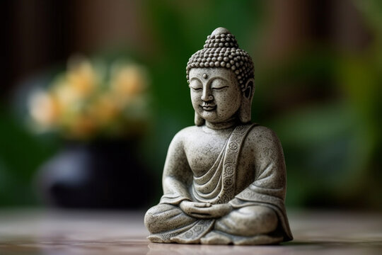 Buddha image in peaceful meditation pose with copy space concept for buddhism holidays and religion, generative AI
