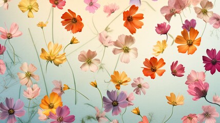 Fototapeta na wymiar Playful and whimsical wild flower petals in an array of pastel backdrop. Romantic abstract background. Wallpaper, card, celebration. Generative AI composite. 