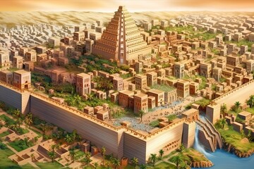 Ancient Babylon town with famous Babel tower, Generative AI - obrazy, fototapety, plakaty