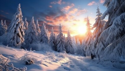 Frosty Spruce Branches.Outdoor frost scene. Snow winter background. Nature forest light landscape. Beautiful tree and sunrise sky. Sunny, snowy, scenic, snowfall generative ai variation 4
