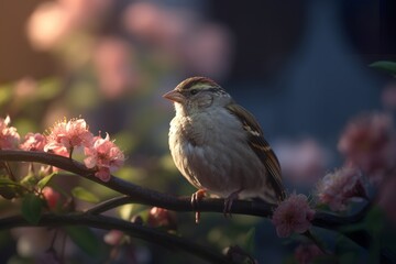Spring Serenade: Tiny Finch Perched on a Blossoming Branch Amidst Vibrant Spring Flowers, finch, bird, branch, spring flowers, background, nature, small bird, colorful,  spring, tiny bird,