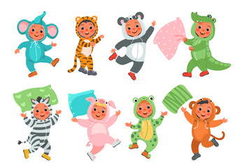 Kids animal pajamas. Funny children in cute nightwear. Sleepover party. Crocodile or elephant outfit. Panda and tiger kigurumi. Pillow fight. Happy boys and girls. Splendid vector set