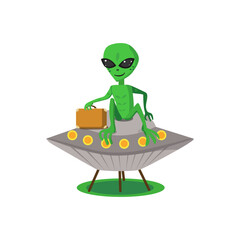 UFO, alien, spaceship, cartoon alien from outer space. Flying saucer. Landing, invasion. Humor.  Vector illustration on isolated background