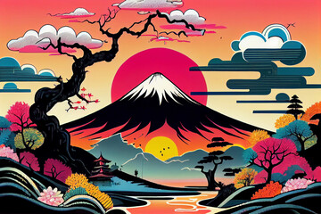 ポップでカラフルな富士山と桜のイラスト