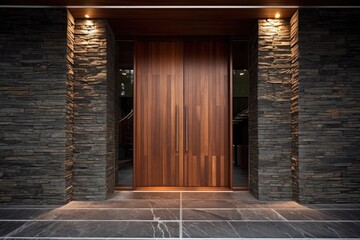 Obraz na płótnie Canvas Modern entrance door made of wood and little metal, with a very nice design and wall covering. The jewel of the house. Generative AI