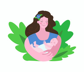  Young woman, mother with a baby in her arms. Infant, maternity, newborn, Breastfeeding Day. Children's Day. Vector illustration on isolated background.