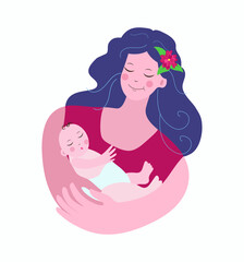 Young woman, mother with a baby in her arms. Infant, maternity, newborn, Breastfeeding Day. Children's Day. Vector illustration on isolated background.