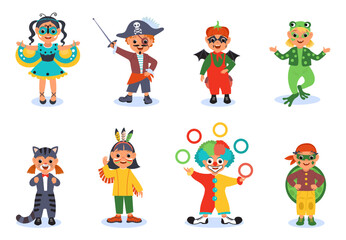 Kids funny carnival clothes. Little children in fabulous costumes and makeups. Halloween and birthday party. Clown or pirate. Boys and girls in festival clothing. Splendid vector set