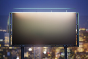 Blank black billboard on cityscape background at evening, front view. Mock up, advertising concept
