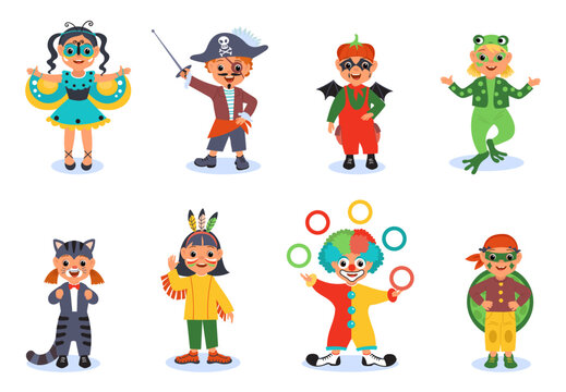 Kids funny carnival clothes. Little children in fabulous costumes and makeups. Halloween and birthday party. Clown or pirate. Boys and girls in festival clothing. Splendid vector set