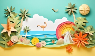 Fototapeta na wymiar Unconventional paper collage art representing summer vacation memories. Creating using generative AI tools