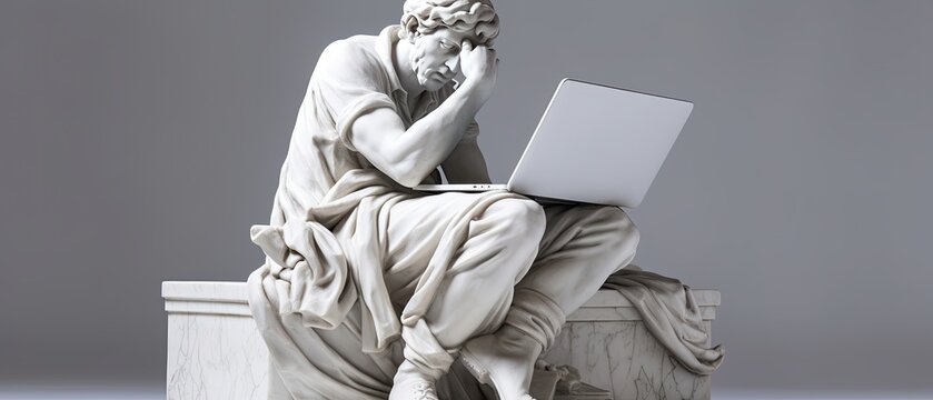 Proffesional image of a statue sitting and doing computer work. Sculpture art. Extravant modern background, artistic illustration. Generative AI composite. 