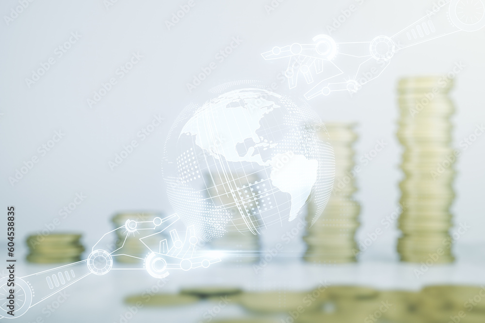 Poster abstract virtual robotics technology hologram with globe on coins background, artificial intelligenc