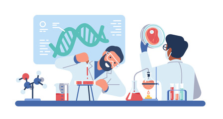 Laboratory technicians artificially grow raw meat from animal cells in petri dishes and flasks. Science or medical workers in lab. Medical tests. Cartoon flat isolated vector concept