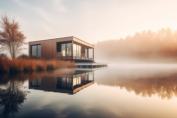 Obraz premium Modern villa, white walls, wood cladding, cosy. Generative AI