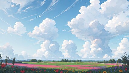 Field of flowers and sky. Created with Generative AI technology.