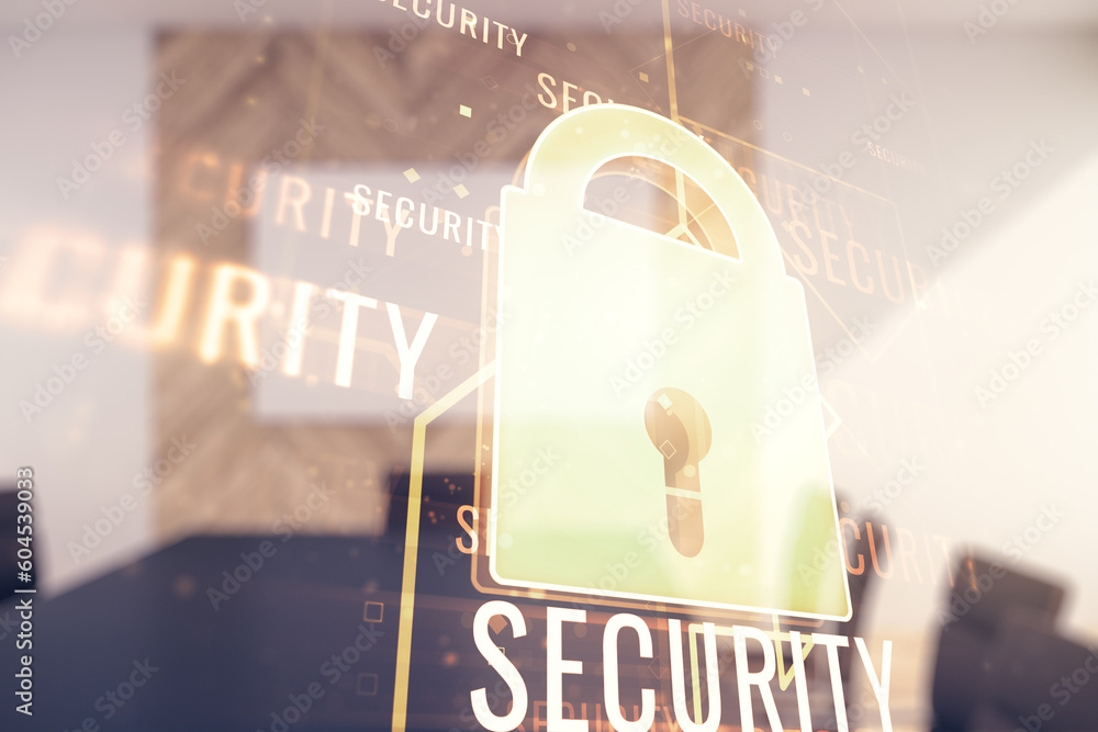 Poster double exposure of virtual creative lock hologram with chip on a modern meeting room background. inf