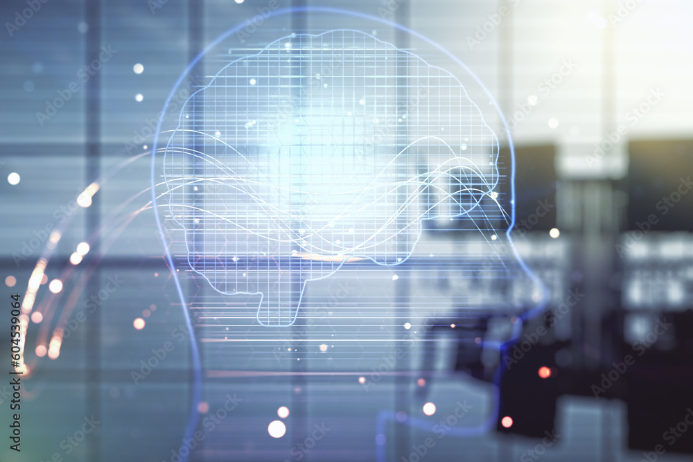 Poster double exposure of creative artificial intelligence hologram on a modern meeting room background. ne