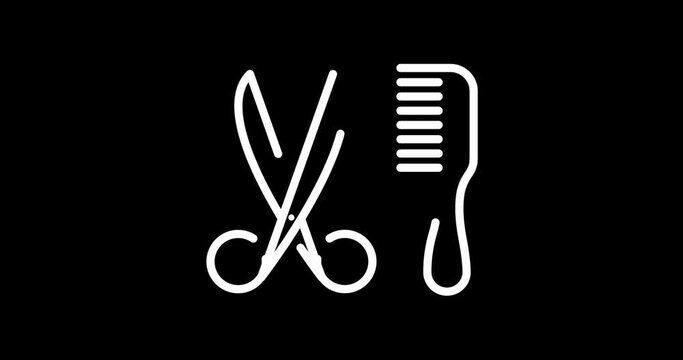 scissors and comb animated outline icon with alpha channel. scissors and comb 4k video animation for web, mobile and ui design