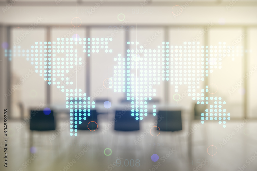 Poster double exposure of abstract digital world map hologram on a modern boardroom background, big data an