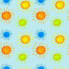 Pattern Bright suns. Watercolor illustration, drawing for fabric.