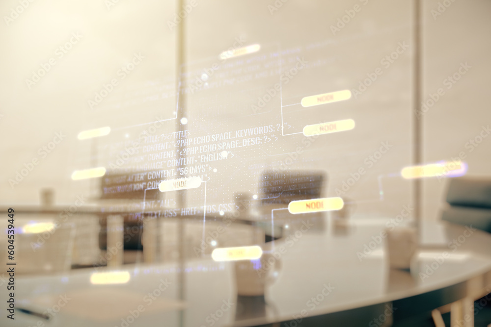 Poster abstract virtual coding illustration on a modern coworking room background, software development con