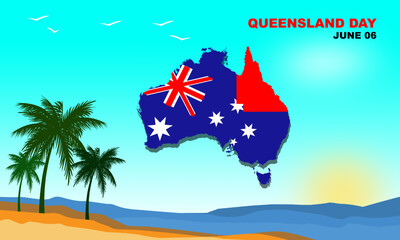 Obraz na płótnie Canvas Australia Queensland map with beautiful beaches, coconut trees and sea and bold text commemorating Queensland Day on June 6 