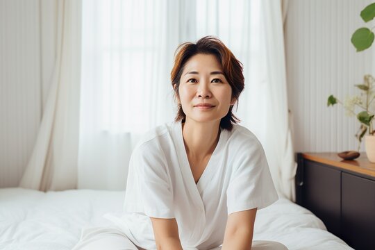 Portrait of a middle-aged Asian woman at home looking at camera.