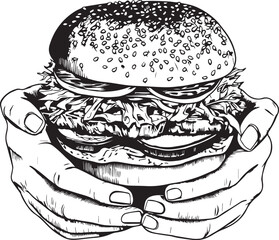 Hands hold a burger, burger in hands Vector Illustration, SVG