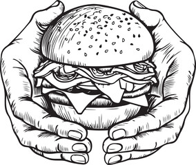 Hands hold a burger, burger in hands Vector Illustration, SVG