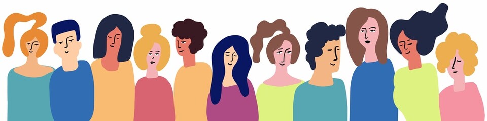 Vector horizontal illustration of a group of men and women, hand-drawn in the style of doodles. A group of young people.