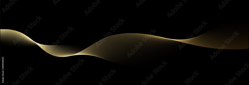 Poster Abstract vector wavy lines flowing smooth curve gold gradient color on black background in concept of luxury, technology, science, music, modern.