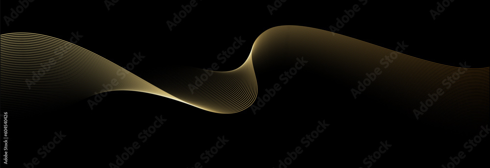 Poster Abstract vector wavy lines flowing smooth curve gold gradient color on black background in concept of luxury, technology, science, music, modern.