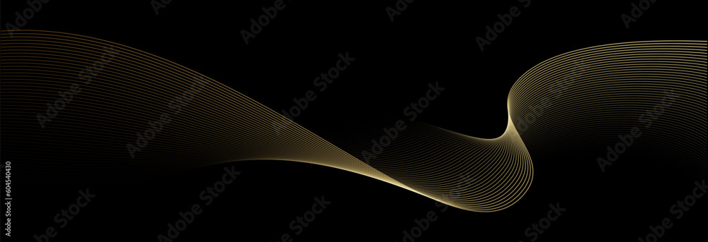 Fototapete Abstract vector wavy lines flowing smooth curve gold gradient color on black background in concept of luxury, technology, science, music, modern.