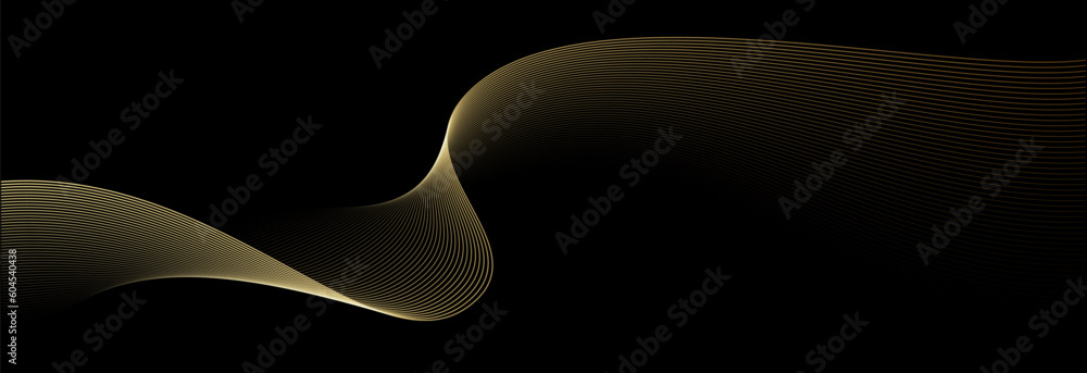 Poster abstract vector wavy lines flowing smooth curve gold gradient color on black background in concept o