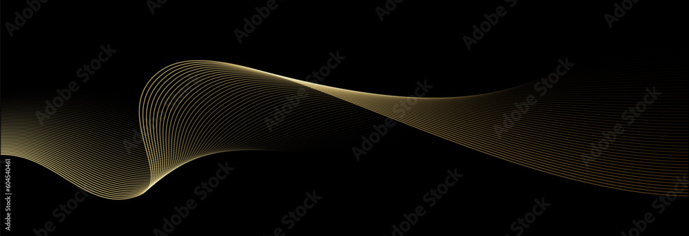 Poster abstract vector wavy lines flowing smooth curve gold gradient color on black background in concept o