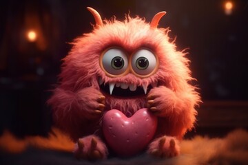 Fototapeta premium Loveable Beast: Adorable Monster Holding a Heart for Cute Valentines