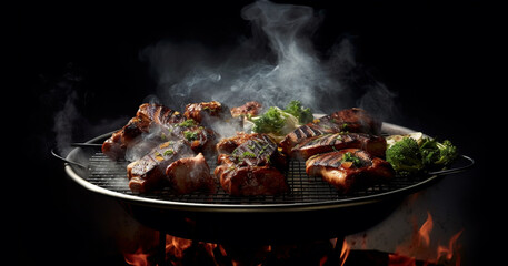 steak cooking on fire with vegetables, bbq grill with flames, cooking juicy delicious beef meat,
