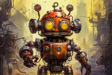 a little robot made of metal, steampunk style, generative ai