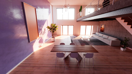 Internal view of an open space with staircase and windows, large size, modern and contemporary style. Luxury houses. Natural light. Living room. Architecture and projects. Ecological house. 3d