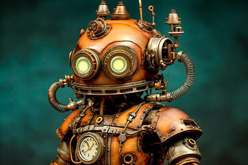a little robot made of metal, steampunk style, generative ai