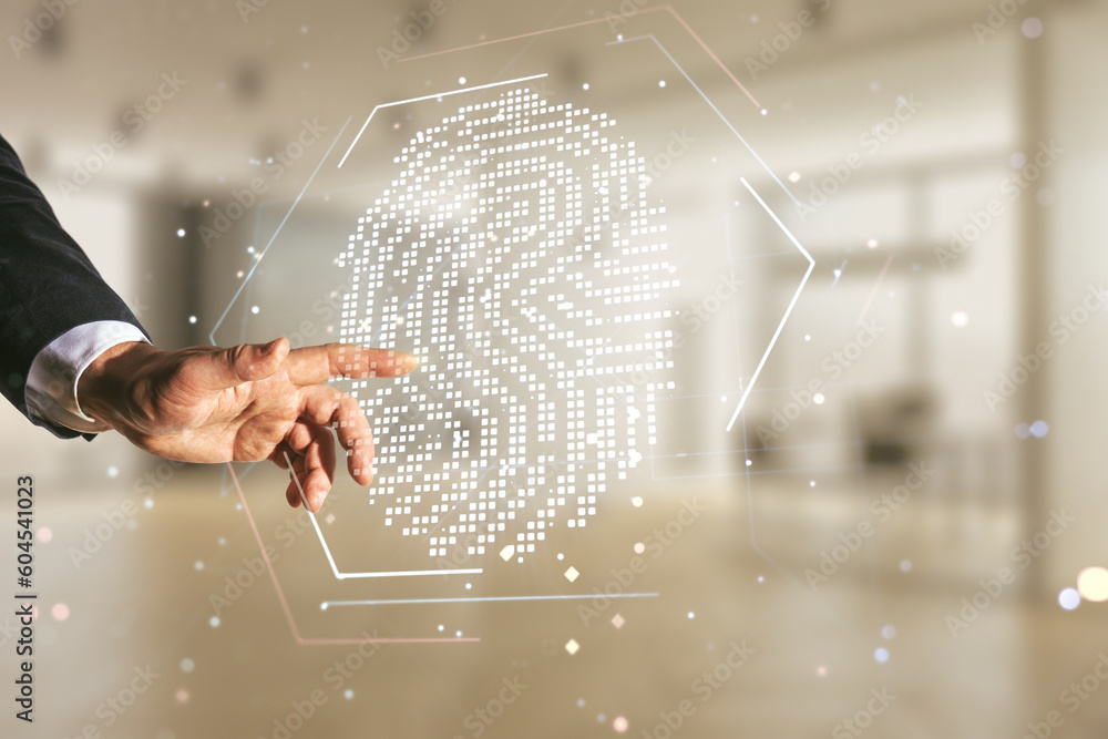 Poster Man hand clicks on abstract virtual fingerprint illustration on blurred office background, personal biometric data concept. Multiexposure