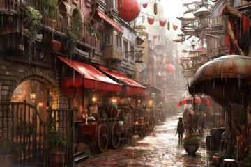 Obraz premium typical steampunk street, illustration, generative ai