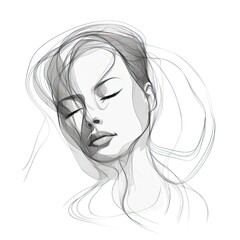 Fototapeta premium A sketch of a woman's face with her eyes closed and her eyes closed. Portrait of a girl with long hair, sketch. For cover, advertising, logo, signage, magazine in the beauty industry. Generative AI